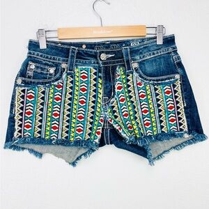 Miss Me Denim Colorful Geometric South western Style Denim Jean Mini Shorts